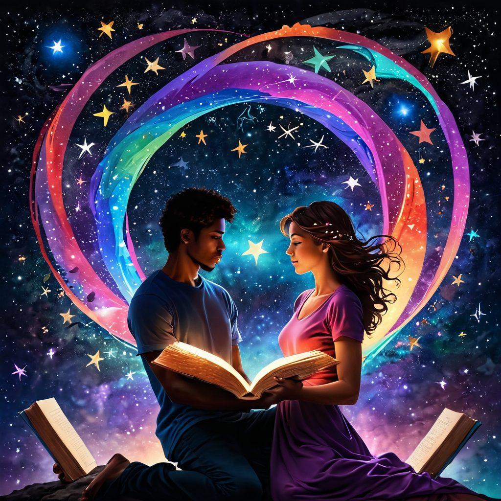 A swirling galaxy where planets of various colors represent different aspects of love, connected by vibrant shooting stars symbolizing cosmic connections. Incorporate ethereal silhouettes of diverse couples embracing, surrounded by educational symbols like books and hearts. The background should be a deep starry sky filled with sparkles to evoke a sense of wonder and intimacy. vibrant colors. super-realistic.