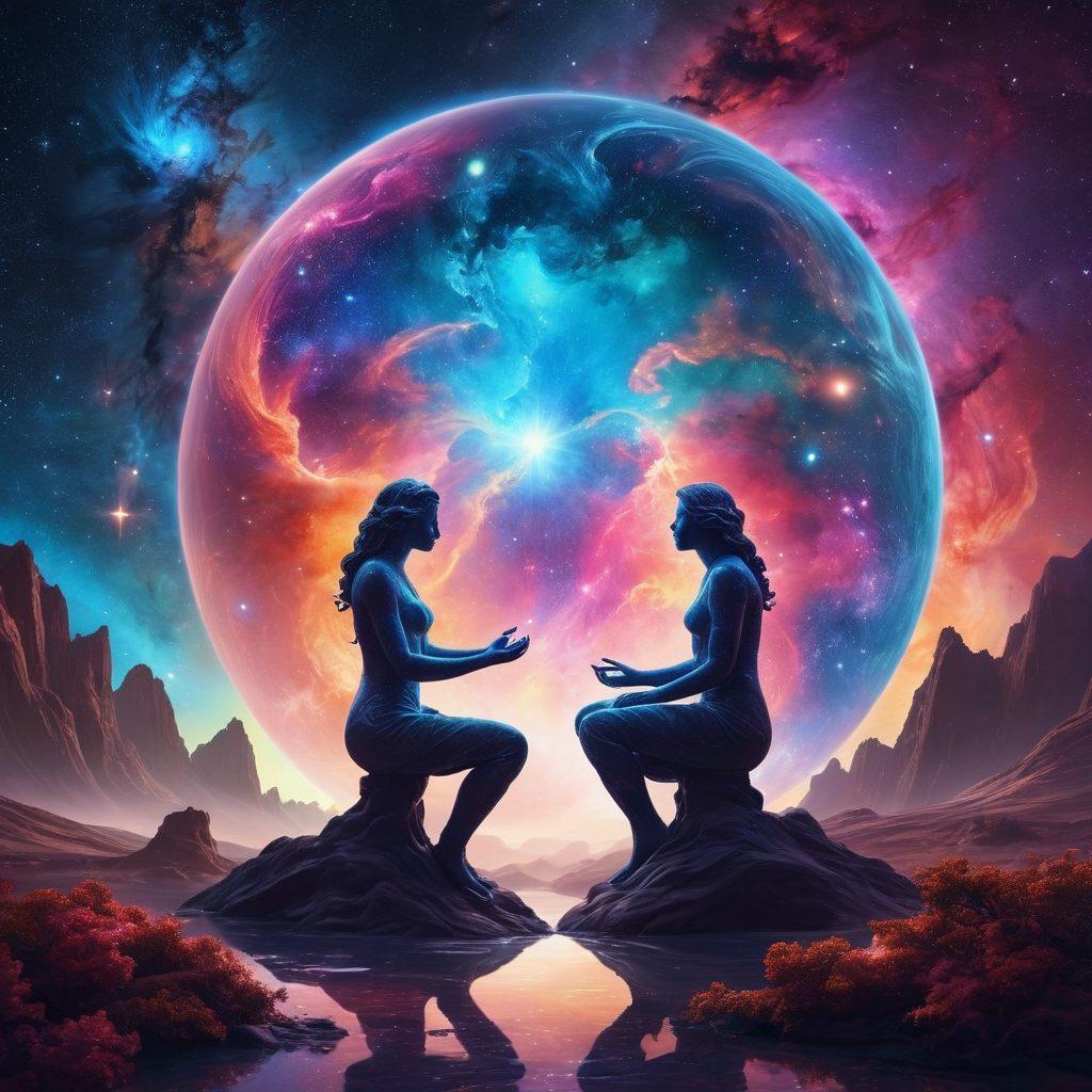 A serene cosmic landscape featuring a pair of intertwined figures representing intimacy, surrounded by swirling galaxies and colorful nebulae symbolizing exploration and communication. Soft, glowing orbs of light rise around them, illustrating connection and desire. The scene embodies an ethereal and harmonious atmosphere with vibrant colors that evoke passion and understanding. ultra-realistic. cosmic theme. vibrant colors. white background.